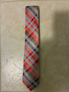 Perry Ellis Coral, Light Blue & Gray Plaid Silk Tie